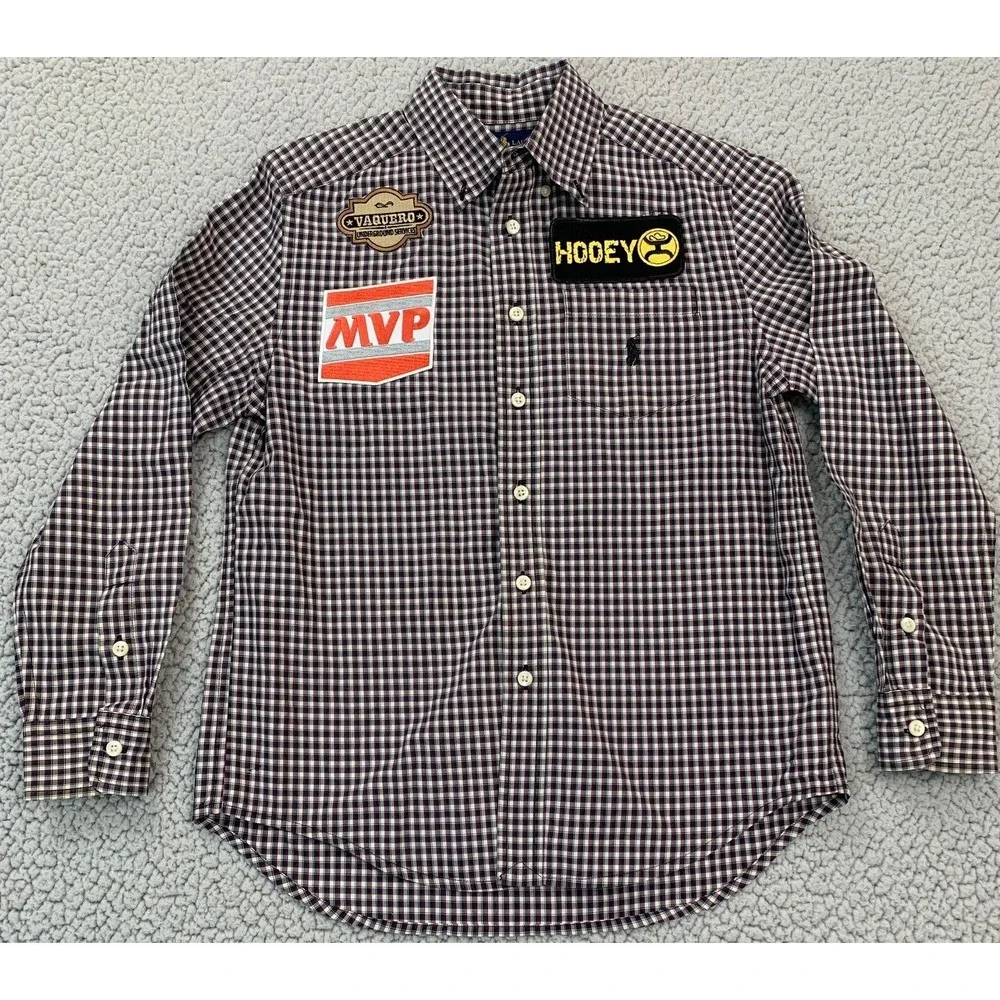 Ralph Lauren Button Down Shirt Boys M 10-12 Navy Red Plaid Hooey Western Patches